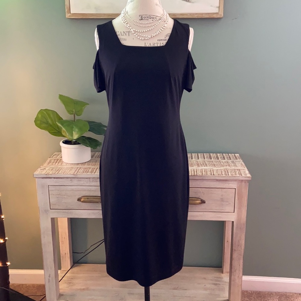 Calvin Klein Solid Black Cold Shoulder Dress 6 - image 2